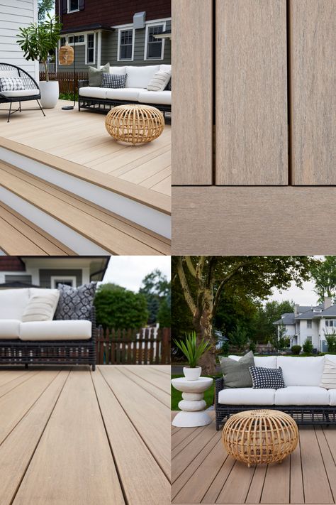 With our TimberTech Advanced PVC Multiwidth Decking options, standard-width no longer has to be the standard.   Craft your outdoor vision with our Multiwidth Decking.   Decking: Vintage Collection - Weathered Teak Light Composite Decking, Timber Tech Weathered Teak Deck, Pvc Decking Ideas, Timbertech Weathered Teak, Timber Tech Deck Ideas, Deck Material Options, Timbertech Deck Ideas, Eco Decking, Decking Ideas Outdoor