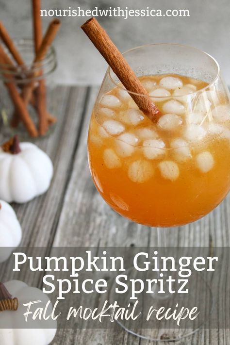 Pumpkin Ginger Spice Spritz - Easy Fall Mocktail Recipe - Nourished with Jessica Pumpkin Puree Drink Recipes, Virgin Fall Drinks, Mocktails Non Alcoholic Sugar Free, Thanksgiving Mocktail Recipe Easy, Pumpkin Mocktail Recipe, Fall Beverages Nonalcoholic, Sugar Free Mocktail, Fall Punch Recipes Non Alcoholic, Fall Non Alcoholic Drinks