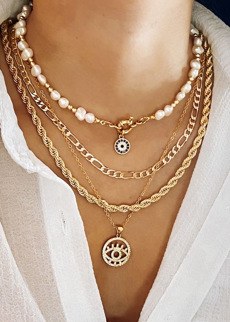 Evil Eye Necklace Gold, Evil Eye Design, Figaro Chain Necklace, Diamond Evil Eye, Talisman Necklace, Gold Pearl Necklace, Diamond Chain, Cheap Jewelry, Jewelry Choker