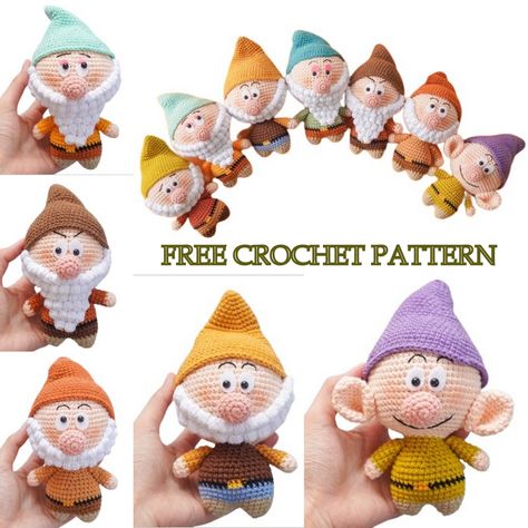 Amigurumi Seven Dwarfs Free Crochet Pattern - Amigurumi SDBES Crocheted Gnomes, Art Au Crochet, Disney Crochet Patterns, Sette Nani, Amigurumi Minta, Miniature Crochet, Crochet Mignon, Confection Au Crochet, Crochet Disney