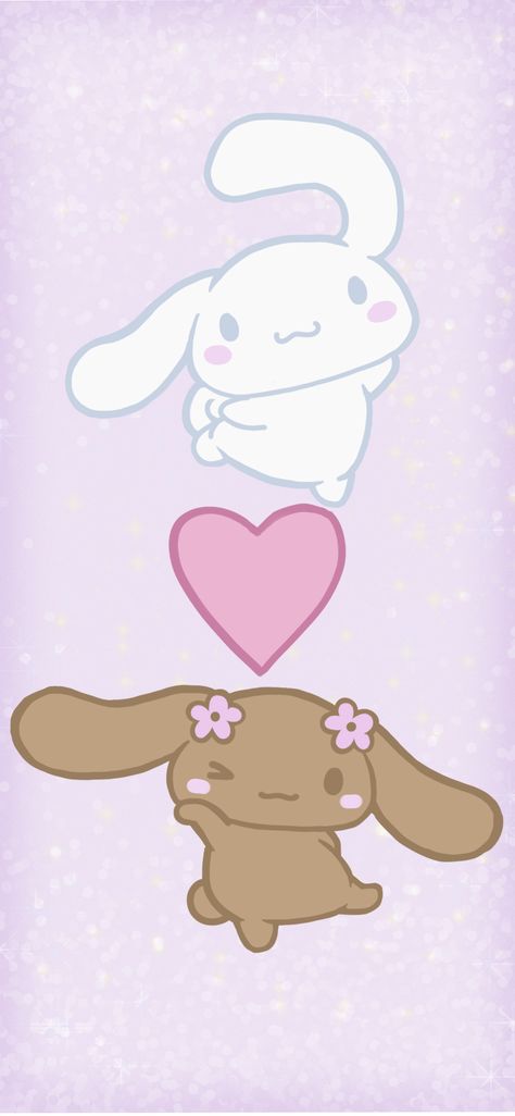 This image is tall with a light pink sparkly background. In the top middle is cinnamoroll, a white bunny who is moving to the right with his ears flopping behind him. In the center is a rosie pink colored heart. Below the heart is mocha, a light brown bunny with pink flowers by her ears, posing with her left paw up and right leg out. Both bunnies have a 3 shaped smile. Cinamoroll And Mocha Matching Pfp, Cinnamon Roll Poster Sanrio, Mocha Sanrio Wallpaper Ipad, Cinna Roll Sanrio Wallpaper, Cinnamon Roll Sanrio Valentines Day, Cinnamoroll Family Wallpaper, Mocha Sanrio Background, Mocha Cinnamoroll Wallpaper, Cinnamoroll And Mocha Matching Icons