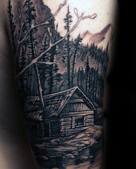 40 Log Cabin Tattoo Designs For Men - Dwelling Ink Ideas Log Cabin Tattoo, Mountain Sleeve Tattoo, Cabin Tattoo, Natur Tattoo Arm, Wood Tattoo, Forearm Tattoo Quotes, Scene Tattoo, Nature Tattoo Sleeve, Men Tattoos Arm Sleeve