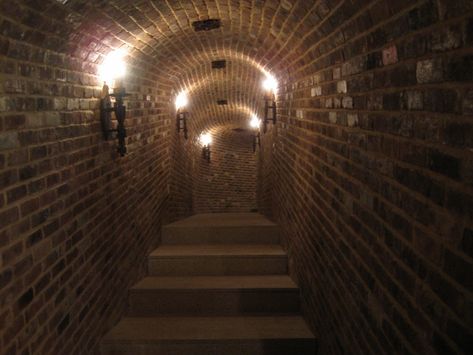 Arched brick underground tunnel passageway with concrete stairs and torch lights. Secret Passage, Private Academy, Secret Tunnel, Secret Passages, Underground Tunnels, Bar Inspiration, Concrete Stairs, Torch Light, Character And Setting