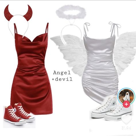 Devil And Angles Costumes Couple, 2 Friend Costume Ideas, Half Angel Half Devil Costume Diy, Devil And Fallen Angel Costume, Devil And Angle Halloween Costume, Angel Devil Couple Costume, Angel And Devil Costume Best Friends, Devil And Angel Costumes Best Friends, Devil Outfit Aesthetic