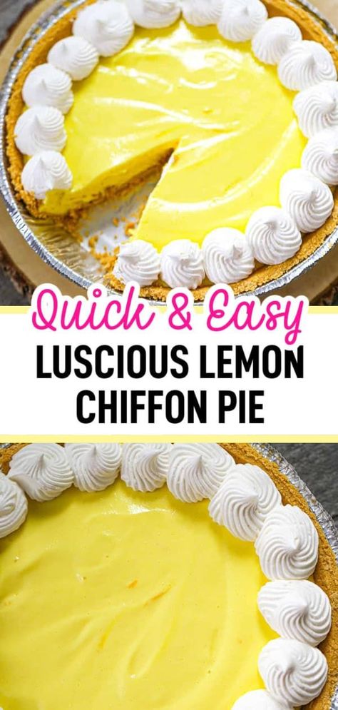 Craving a light and refreshing no-bake dessert? This Luscious Lemon Chiffon Pie is an oldie, but goodie, perfect for spring and summer! With an easy recipe and zero oven time, you can indulge in this lemony delight all season long. Lemon Drop Pie, Lemon Pie Recipe Easy, Lemon Pies, Lemon Cream Pie Recipe, Lemon Chiffon Pie Recipe, Easy No Bake Lemon Pie, Lemon Chiffon Pie Easy, Easy Lemon Icebox Pie Condensed Milk, Cheat Lemon Pie