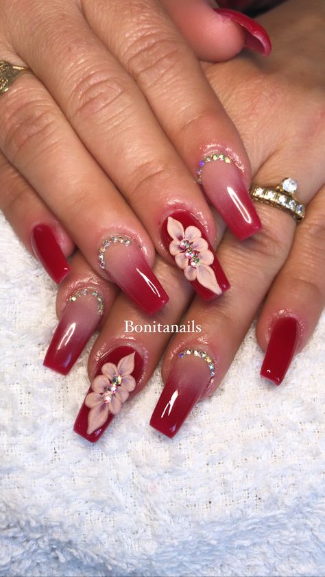 Red And Gold Bridal Nails, Nailart Designs Bridal, Wedding Red Nails For Bride, Red Nails With 3d Flower Design, Bridal Red Nails Wedding, Bridal Nail Extensions Brides, Red Bride Nails, Bride Nails Red, Red Bridal Nails Wedding