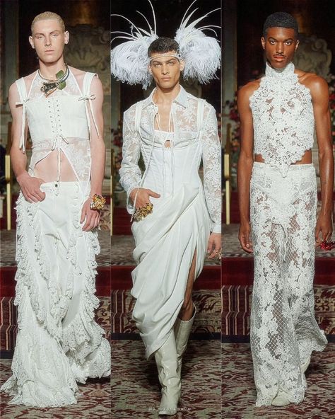 Palomo Spain Genderless Wedding Outfit, Met Gala Wedding Theme, Man In Wedding Dress, Gay Wedding Outfits, Men In Feminine Clothes, Male Wedding Dress, Feminine Men Fashion, Ethereal Men, Palomo Spain