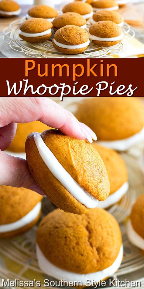 Pumpkin Whoopie Pies are a must-make seasonal treat #whoopiepies #pumpkinwhoopiepies #pumpkin #pumpkindesserts #desserts #thanksgikvingdesserts #fallbaking #dessertfoodrecipes #pumpkins #halloween #southernfood #southernrecipes Whoopie Pie Recipe, Pumpkin Whoopie Pies, Banana Pudding Cheesecake, Seasonal Desserts, Whoopie Pie, Pumpkin Desserts, Egg Sandwich, Pumpkin Pies, Fun Baking