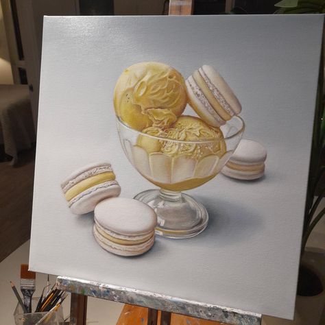 🍨 What's your favourite flavour? This oil painting is of a Mango & Yuzu Sorbet with Yuzu White Chocolate Macarons 🥭 Original Gelato oil painting 40 x 40 cm stretched canvas Commissioned by @ohappiplace in Singapore It will be making the 6700 mile journey from Sheffield to Singapore later this month as soon as it's dry ✈️ #art #gelato #macarons #icecream #foodie #cafe #singapore #sheffield #dessert #painting #foodart #artistoninstagram #arte #instaart Yuzu Sorbet, White Chocolate Macarons, Dessert Painting, Chocolate Macarons, Sheffield, Insta Art, White Chocolate, Food Art, Macarons