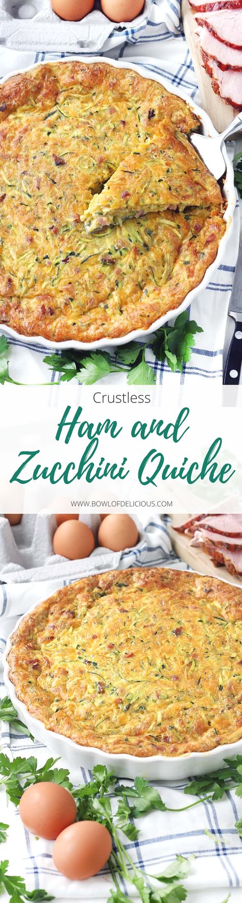 This crustless ham and zucchini quiche recipe is a great way to use up leftover ham  and feed a crowd easily! It can be served at room temperature so you can easily make it ahead of time. Leftover Ham Ideas, Quiche Zucchini, Zucchini Quiche Recipes, Ham Ideas, Impossible Pies, Brunch Quiche, Ham Quiche, Zucchini Quiche, Whole Wheat Pancakes