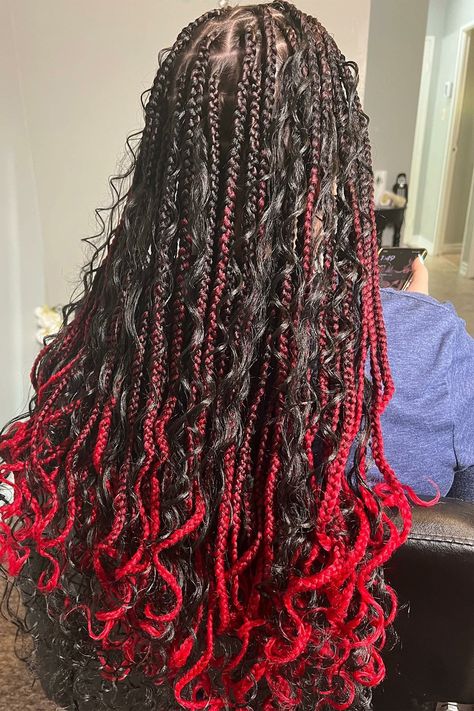 Red Box Braids Braids With Curls Styles, Hairstyles Red And Black, Red And Black Box Braids, Braided Hairstyles Red, Box Braids Jumbo, Curls Styles, Red Box Braids, Latest Braided Hairstyles, Black Box Braids