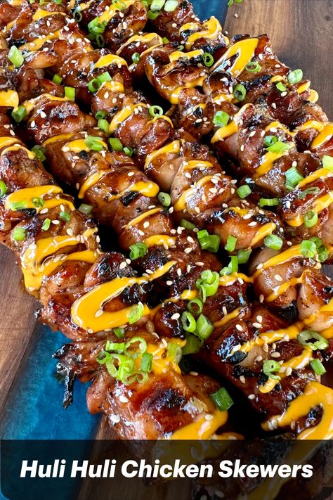 These Huli Huli chicken skewers are the perfect Hawaiian grilling recipe.  Sweet marinade on savory chicken will take you on tropical gateway. Huli Chicken, Huli Huli, Huli Huli Chicken, Grilled Chicken Skewers, Kabob Recipes, Skewers Grill, Summer Grilling Recipes, Recipe Sweet, Savory Chicken