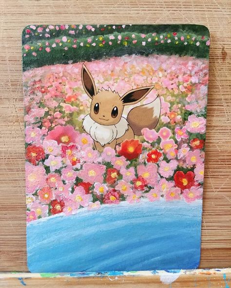 Evee Pokemon Painting, Pokemon Cards Painted, Pokemon Oil Painting, Painting Pokemon Cards, Pokemon Card Painting, Painting Ideas Pokemon, Pokemon Acrylic Painting, Pokémon Card Art, Painted Pokemon Cards