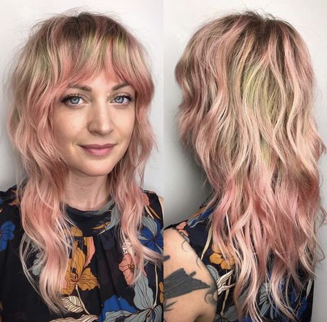 Dip Dye Shag Hair, Shaggy Mullet For Women Medium, Peekaboo Hair Color Shag, Blonde Shag With Bangs, Shag With Undercut, Long Shaggy Mullet, Shag Haircut Without Bangs, Wavy Shag With Bangs, Peachy Hair Color