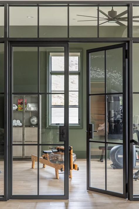 Industrial Modern Office, Utah Parade Of Homes, Front Door Inspiration, Pella Windows, Window Glazing, Gym Room At Home, Open Concept Home, Door Inspiration, Glass Front Door