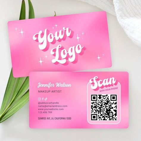 Modern Groovy Pink Logo Makeup Nails Salon QR Code Business Card | Zazzle minimalistlogo #graphicdesignbusiness #designer Lash Business Color Schemes, Cute Bussines Idea, Business Card Makeup Artist, Nail Business Cards Ideas, Nostalgic Fonts, Aesthetic Business Cards, Hair Stylist Business Cards, Vertical Business Card Design, Studio Lash