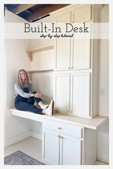 How to Build a Built-In Desk – Step-by-Step Tutorial - buildsbykristen.com Built In Office Desk And Cabinets, Diy Built In Desk, Built In Desk And Shelves, Desk Nook, Ikea Built In, Desk Hacks, Office Built Ins, Diy Furniture Ideas, Kitchen Desks