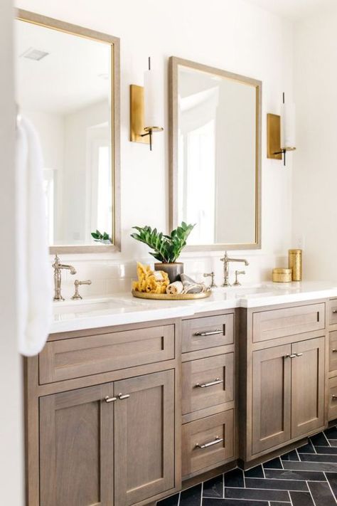 Mixing Metal Finishes in the Bathroom Makeover Kamar Mandi, Wood Bathroom Cabinets, Greige Design, Decor Baie, Vanity Bathroom, Vinyl Decor, Design Blogs, Beach House Interior, Wood Bathroom