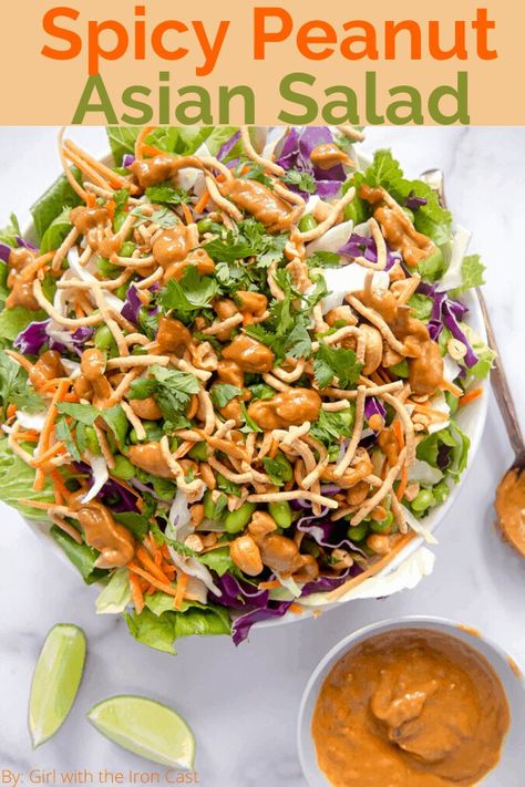 This Asian Salad with homemade spicy peanut dressing is deliciously addicting! Perfect for lunch or dinner. #salad #saladdressing #peanutsauce #peanutdressing #spicypeanut #asiansalad #saladrecipe Peanut Butter Salad Dressing, Nanas Recipes, Peanut Salad Dressing, Peanut Butter Salad, Crispy Chow Mein Noodles, Spicy Peanut Dressing, Thai Peanut Salad, Asian Salad Recipe, College Recipes