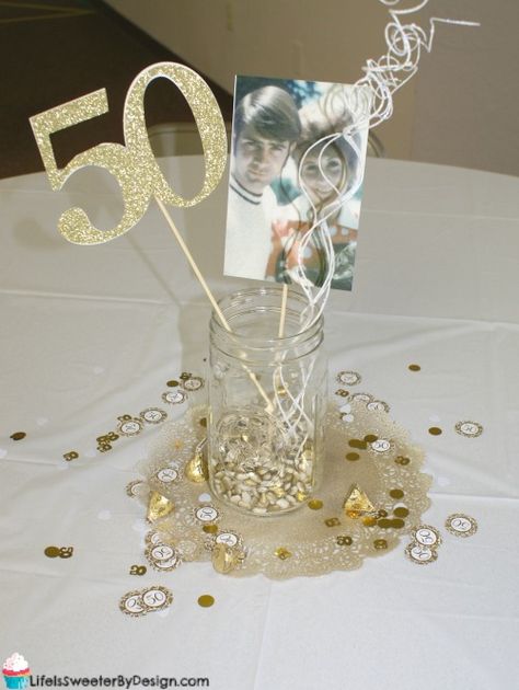 50th Anniversary Party 50th Anniversary Table, Wedding Anniversary Centerpieces, 50th Anniversary Centerpieces, 50th Anniversary Party Decorations, Anniversary Party Ideas, Golden Anniversary Party, Anniversary Centerpieces, 50th Year Wedding Anniversary, 50th Birthday Centerpieces