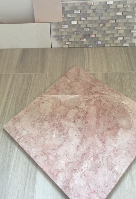 Final decision. Working with existing pink marble countertops. Madera Beige plank flooring, subway tile (prism latte), Gem Pearl Sea Shore mosaic accent in shower. Pink Marble Floors, Pink Countertops, Pink Marble Floor, Pink Marble Top Bathroom, Pink Granite Countertops, Pink Marble Flooring, Pink Marble Countertops, Pink Marble Tile, Marble Pink Bathroom