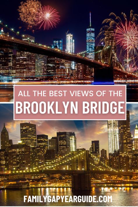 Whether you're a pro photographer or a cell phone snapper, everyone wants to get that iconic photo of the Brooklyn Bridge and Manhattan skyline lighting up the night. Here are the best spots for pics! Brooklyn Bridge Pictures, Brooklyn Bridge At Night, New York Bucket List, York Travel, Full Time Travel, Manhattan Skyline, Family Destinations, Best View, Family Getaways