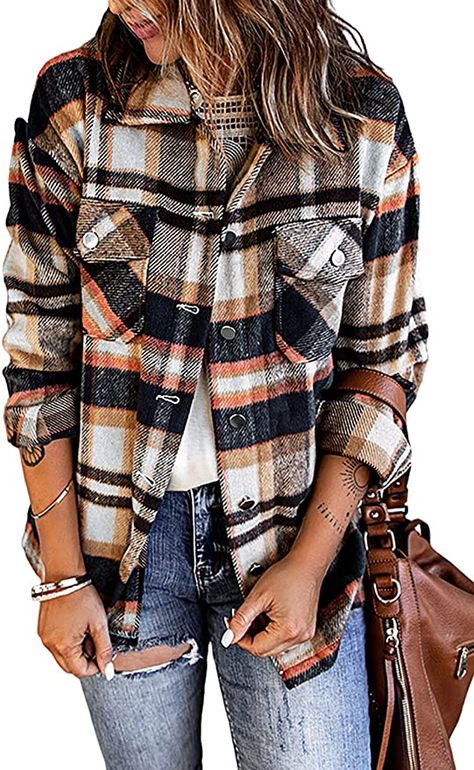 Astylish Womens Soft Cuffed Sleeve Corduroy Collar Shirts Long Plus Size Button Down Blouse Tops Green L at Amazon Women’s Clothing store Fall Plaid, Flannel Jacket, Casual Vest, Long Sleeve Flannel, Brown Plaid, Plaid Fashion, Button Front Shirt, Plaid Print, Plaid Flannel