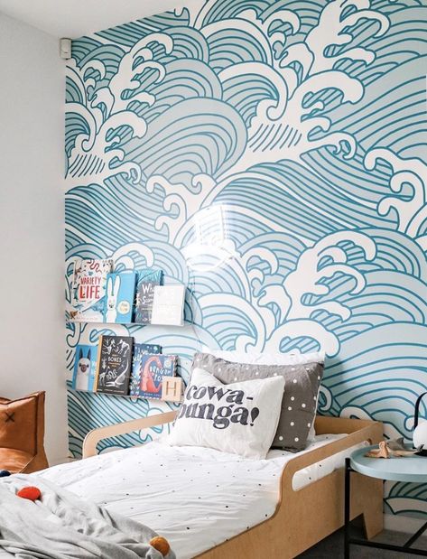 This beautiful ocean themed beach wallpaper bring the blue ocean waves straight to your walls! These ocean waves are perfect for a bohemian beach bedroom! Your children’s ocean themed bedroom needs this removable wallpaper. beach bedroom wallpaper for kids, kids ocean themed bedroom, ocean themed wall decor. #oceanwallpaper #beachbedroom #beachdecor Surfer Bedroom, Rock Cottage, Ocean Bedroom, Kids Bedroom Wallpaper, Adventure Room, Ocean Themed Bedroom, Beach Wall Murals, Beachy Bedroom, Surf Room