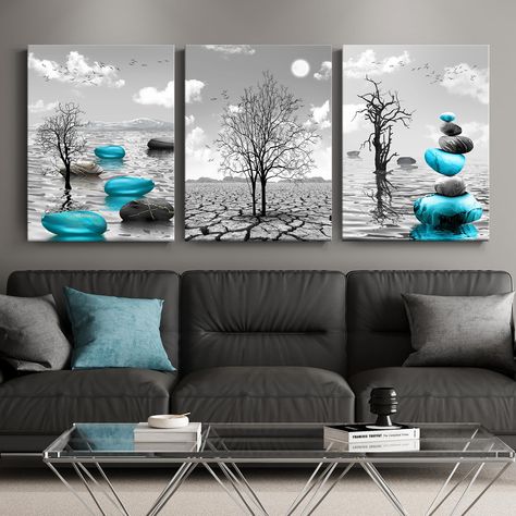 PRICES MAY VARY. Simplistic Wall Art: Select black, grey, and the pop of turquoise blue on the stones, which adds so much to the theme of the living room, bedroom, bathroom, powder room, guest room, kitchen, business office, hotel, etc. Vivid Prints: Adhering to high-definition design and prints by using genuine inks, this artwork features clear, vivid colors and detailed prints. Framed Canvas Art: High quality waterproof canvas stretched over a real sturdy knot-free wooden frame, ensures each a Teal Black And White Bedroom, Aqua Living Room, Teal Artwork, Prints For Walls, Living Room Turquoise, Stone Artwork, Teal Wall Art, Teal Walls, Black And White Tree