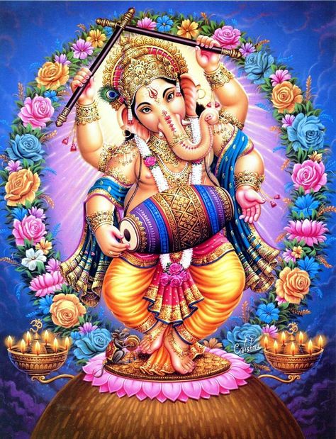 Lord Ganesha Dancing Artist: C.Vishnu (via Etsy: EasternImage) Arte Ganesha, Hindu Cosmos, Dancing Ganesha, Ganesh Lord, Karma Yoga, Ganesh Wallpaper, Ganesh Photo, Hindu Statues, Happy Ganesh