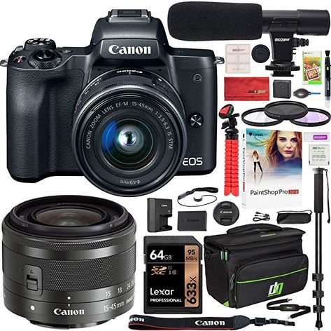 Amazon.com : Canon EOS M50 Mirrorless Camera with 4K Video and EF-M 15-45mm Lens Kit (Black) and Deco Gear Deluxe Travel Gadget Bag Case + Microphone + Monopod + Filter Set + 64GB Memory Card Accessory Kit Bundle : Camera & Photo Canon Camera Tips, Canon M50, Canon Eos M50, Court Reporting, Dslr Photography Tips, Camera Frame, Canon Digital Camera, Travel Gadgets, Dslr Photography