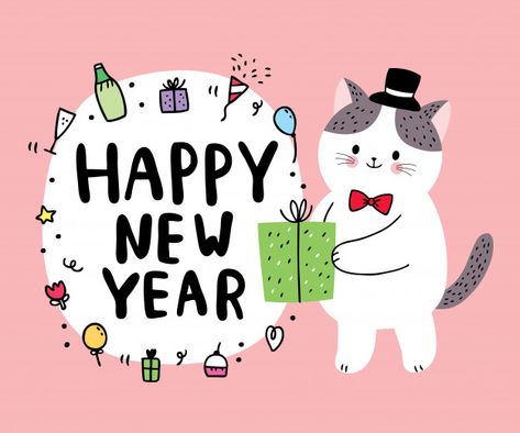 Happy New Year 2024 Cat, Happy New Year Cat, New Year Cat, Premium Vector Cartoon, Banner Drawing, Baby Photoshoot Boy, Christmas Typography, Christmas Party Themes, Clip Art Pictures