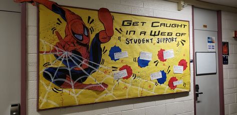 Spiderman Door Decorations, Marvel Bulletin Board Ideas, Spiderman Bulletin Board, Marvel Bulletin Board, Residence Life Bulletin Boards, School Campaign Posters, Ra Decorations, Res Life Bulletin Boards, Superhero Class