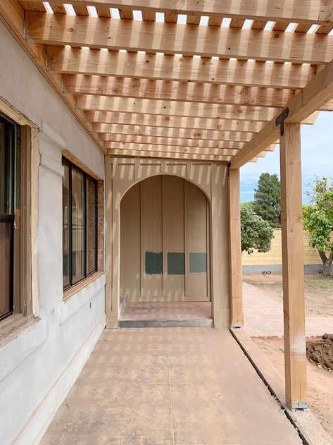 Front Porch Pergola, Porch Pergola, Evergreen House, Small Pergola, Pergola Curtains, Pergola Swing, Building A Porch, Reclaimed Brick, Pergola Attached To House