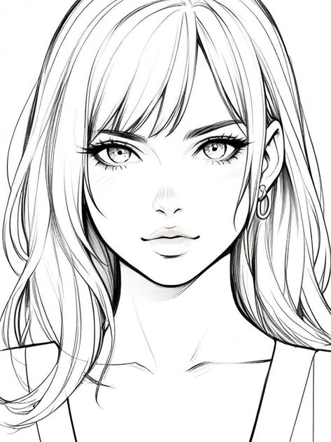 Easy To Draw Face, Girl With Bangs Drawing, Woman Reference Face, Front Face Reference Drawing, Front Face Drawing, Manwha Style, Female Face Sketch, Person Watercolor, Vampire Spells