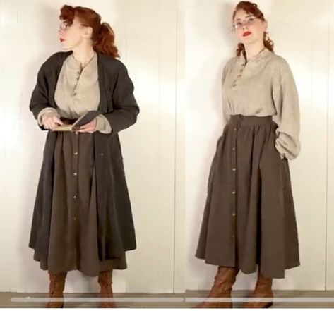 Apothecary Outfit Medieval, Rachael Maksy Outfits, Rachel Maksy Aesthetic, Long Skirt Academia Outfit, Hobbit Aesthetic Clothes, Rachel Maksy Outfits, Dark Academia Fashion Skirt, Dark Academia Long Skirt, Rachel Maksy Pinafore