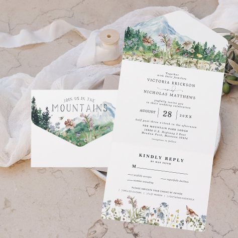 Rustic Mountain Wildflower Boho Wedding All In One Invitation #zazzle #weddinginvitations #birthdayinvitations #babyshowerinvitations #zazzleinvitations #monogram #businesscards #graduation #homedecor Mountain Wildflower Wedding Invitations, Mountain Wildflower Wedding, Schedule Weekend, Camping Themed Wedding, Matchbox Wedding Favors, Weekend Schedule, Fall Mountain Wedding, Vail Wedding, Rustic Mountain Wedding