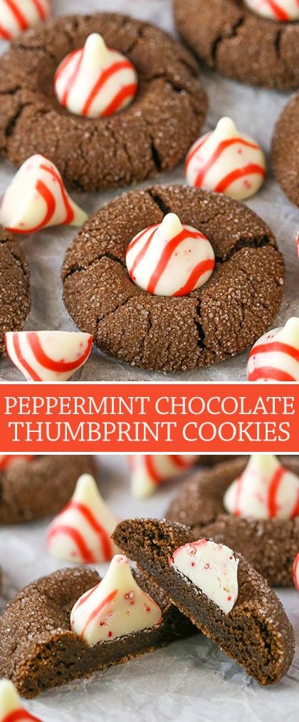 Chocolate Thumbprint Cookies, Chewy Chocolate Cookies, Peppermint Chocolate, Thumbprint Cookies Recipe, Cookies Soft, Kiss Cookies, Peppermint Cookies, Thumbprint Cookies, Hershey Kisses