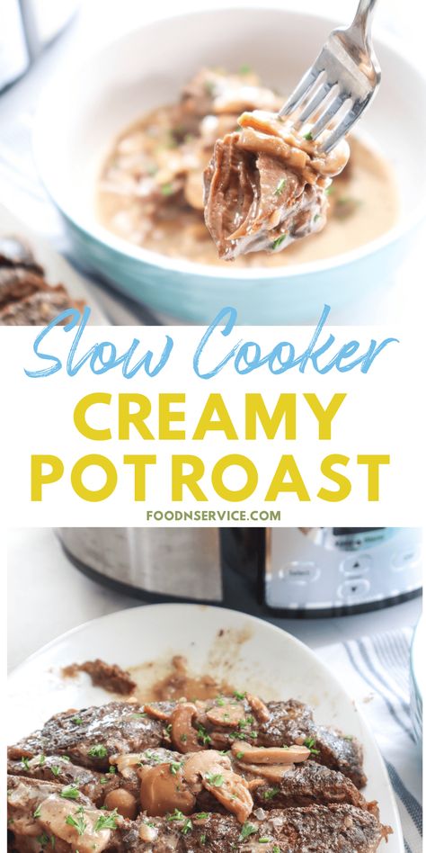 There’s nothing better than coming home at the end of the day to a warm, comforting meal that’s ready to eat. This slow cooker creamy mushroom pot roast is incredibly tender, flavorful, and simple! I love that it comes together in a slow cooker so I can put my ingredients in that morning, go about my day, and come home to a fantastic meal with minimal cleanup. Beef Roast Cream Of Mushroom Crock Pot, Creamy Pot Roast Slow Cooker, Cream Of Mushroom Roast, Creamy Pot Roast, Blade Roast Slow Cooker, Mushroom Pot Roast, Blade Roast, Leftover Pot Roast, Perfect Pot Roast