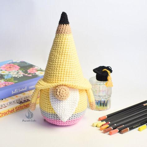 Crochet Pattern- Pencil Gnome- School gnome- Teacher's gift Gnome PDF by Passionatecrafterr on Etys Easy Crochet Gnome, Pencil Crochet, Crochet Teacher Gifts, Crochet Gnome Pattern, Crochet Pencil, Crochet Gnome, Crochet Sloth, Gnome Pattern, Elephant Plush