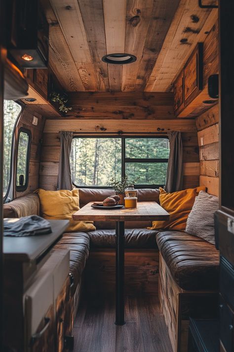 Remote work camper interior. Accents of dark-colored leather on a plywood wall.  In today's hyper-connected world, the concept of a traditional office is increasingly becoming a relic of the past. Digital nomads are constantly on the hunt for the perfect balance between comfort and productivity, and the RV home office trend seems to be the current frontier.  Read more: https://tastyinteriors.com/generated-post-50-minimalist-rv-home-office-setups-mobile-workspaces-for-digital-nomads/ Camper Dark Interior, Moody Camper, Moroccan Tile Floor, Yoga Platform, Tent Platform, Rv Home, Plywood Wall, Plywood Walls, Boho Patio