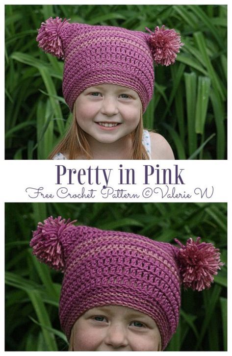 Pretty in Pink Double Pom Pom Hat Free Crochet Patterns Two Pom Pom Beanie, Crochet Hat With Two Pom Poms, Crochet Double Pom Pom Hat Free Pattern, Double Pom Pom Beanie Crochet, Crochet Double Pom Pom Hat, Baby Girl Crochet Hat, Toddler Hat Pattern, Crochet Pom Pom Hat, Crochet Toddler Hat