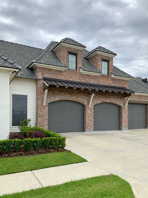 Garage Doors With Brick House, Brick Home With Garage, Red Brick And Cream Siding Exterior, Brown Red Brick House Exterior, Grey And Brick House Exterior, Red Brick Craftsman Exterior, Maroon Brick House Exterior, Stucco And Red Brick Exterior, Greige Siding Exterior