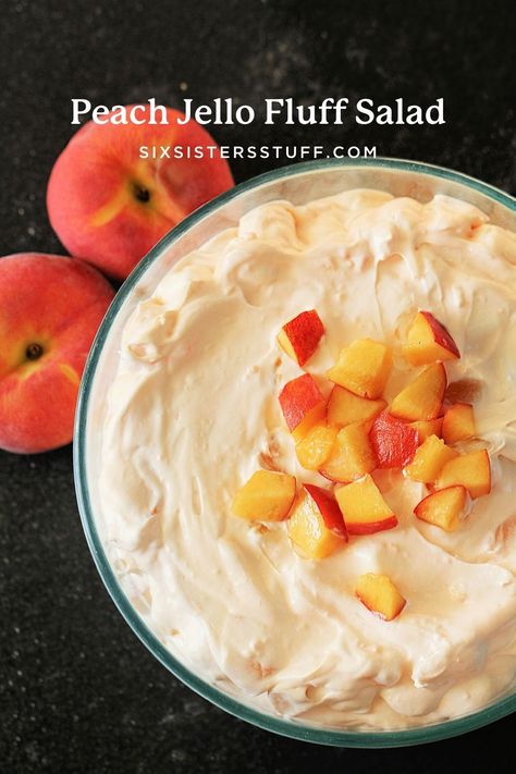 Peach Jello Fluff Salad Recipe Peach Congealed Salad Recipes, Peach Jello Salad Recipes, Pastina Salad Recipes, Peach Jello Recipes, Peach Fluff Jello Salad, Peach Fluff Salad, Peach Jello Dessert, Jello Salad Recipes With Cool Whip, Peach Jello Salad