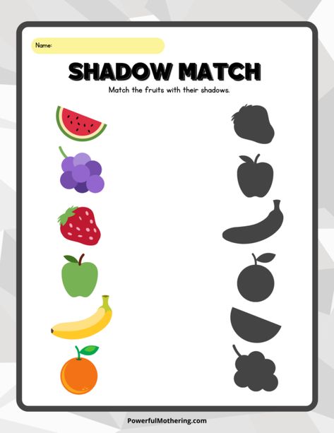 Shadow Matching Worksheets For Preschool, Match The Fruits Worksheet, Vegetable Shadow Matching Free Printable, Match The Shadow Worksheet, Fruits Matching Worksheet, Fruit Matching Printable, Shadow Matching Worksheets, Fruit Activity For Preschool, Fruit Worksheets Preschool