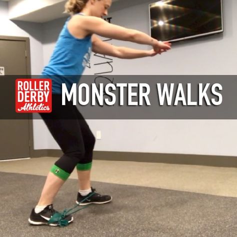 Challenge your core, and your gluteus medius, aka your 'side butt' with this fun exercise. Monster Walks will have you groaning "BRAAAAIIINNNNS" all day! Active Hobbies, Roll Bounce, Walk Workout, Gluteus Medius, Derby Girl, Exercise Ideas, Roller Derby, Roller Skating, Drills