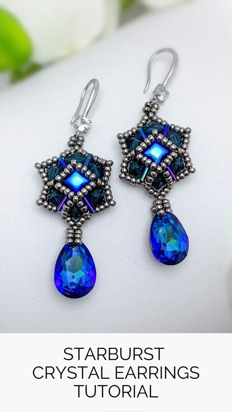 Beaded Silver Crystal, Blue Beaded Earrings, Pear Pendant, Beaded Earrings Tutorials, Handmade Beaded Jewelry, Bead Shop, Earrings Inspiration, Earring Tutorial, Handmade Wire Jewelry