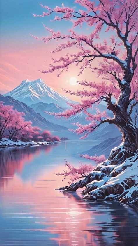 Cherry Blossom Tree Painting, Cherry Blossom Painting Acrylic, Blossom Tree Painting, Diamond Dotting, Cherry Blossom Painting, Acrylic Ideas, Cute Canvas Paintings, Japanese Landscape, Cute Canvas