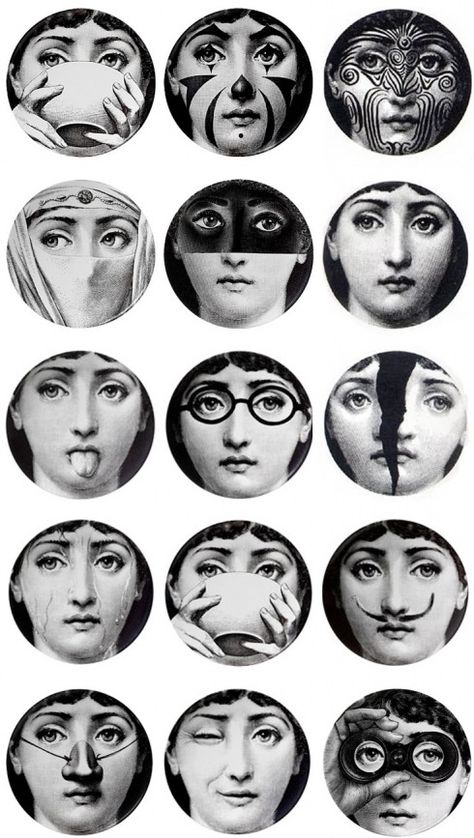 Just got my first Fornasetti plate!  The "tribal" one (of course) in the top right. Would love to get the first one in the second row to keep it company... Fornasetti Plates, Fornasetti Wallpaper, Piero Fornasetti, Lily Rose Depp, White Photo, Facial Expressions, Marie Antoinette, Art Director, Grafik Design