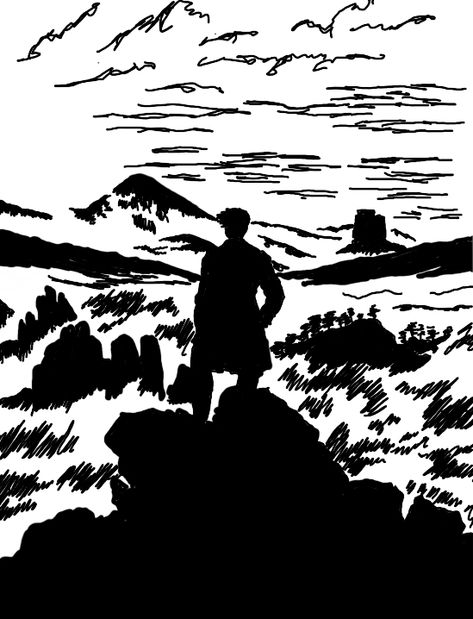 Wanderer, black & white paintings, miniature, Light and dark composition, Caspar David Friedrich - Wanderer above the Sea of Fog Wanderer Above The Sea Of Fog Tattoo, Wanderer Above The Sea Of Fog, Wander Drawing Ideas, Wander Inktober, Explorer Tattoo, Wanderer Tattoo, Sea Of Fog, Greek Tattoo, White Paintings